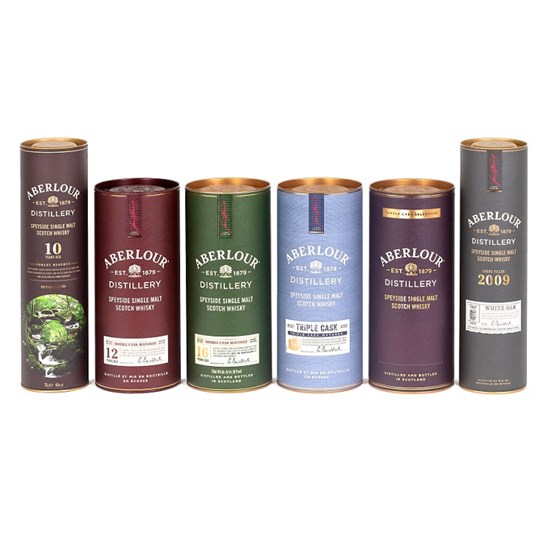aberlour group shot| Composite Tube Premium Drinks Whisky Packaging| Single Malt Whisky Tube Packaging | Smurfit Kappa Composites 01946 61671