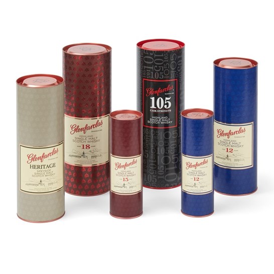 Glenfarclas Single Malt Whisky Packaging Group Shot composite tube packaging Smurfit Kappa Composites 01946 61671