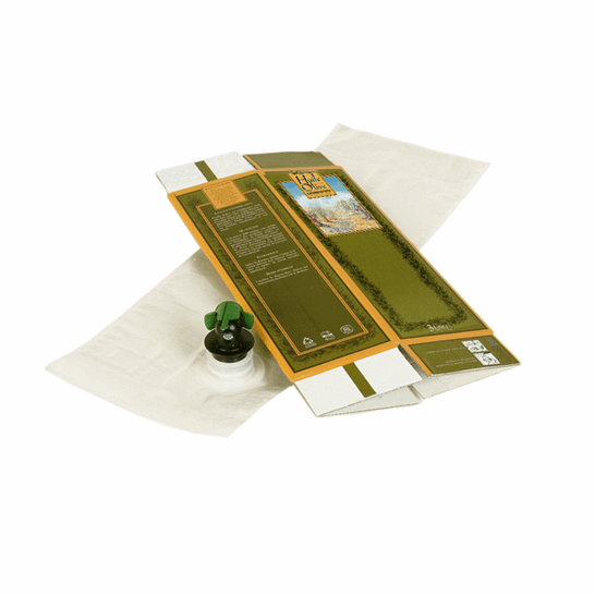 Carton et outre Bag-in-Box à plat pour huile d'olive 1,5L avec Vitop noir et vert