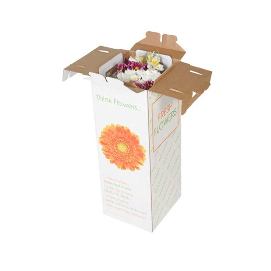 Emballage ecommerce pour l'expédition de bouquet de fleurs ouvert par le haut