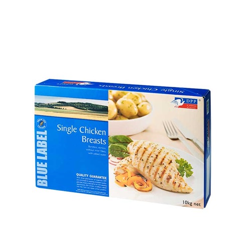 Emballage en carton plat pour des filet de poulet avec une impression bleu