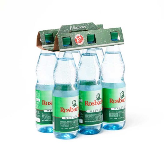 Poignée en carton ondulé pour regrouper 6 petites bouteilles en plastique
