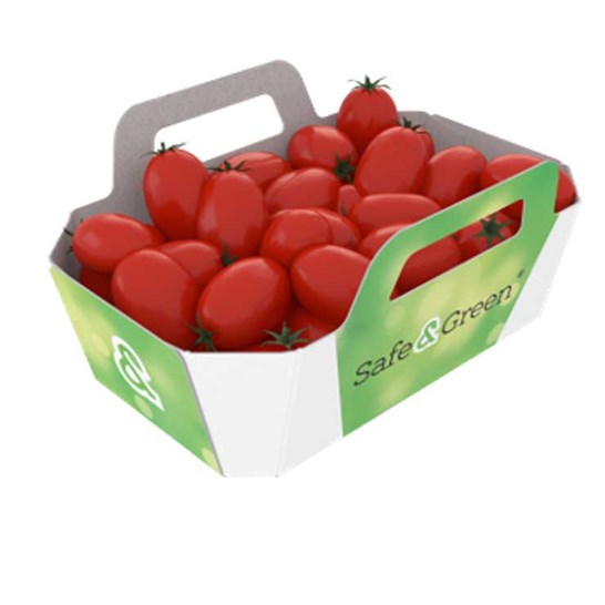 Barquette en carton avec 2 poignées contenant des tomates cerises