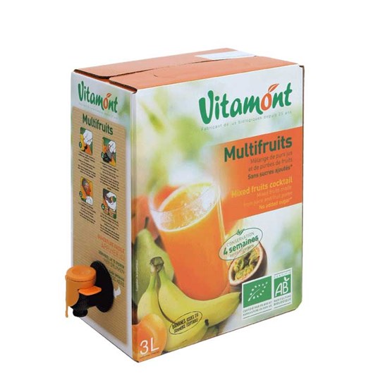 Bag-in-Box 3 litros multifrutas Vitamont con grifo aséptico Vitop negro y naranja