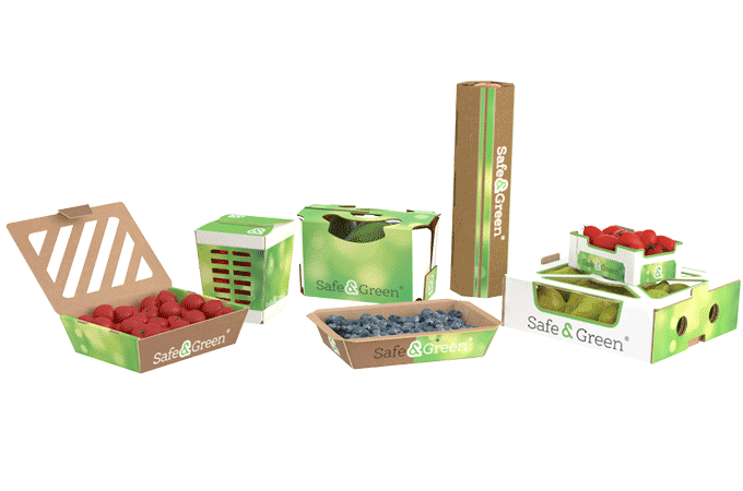 Mise en scène de différents types d'emballage Safe&Green pour petits fruits et légumes 