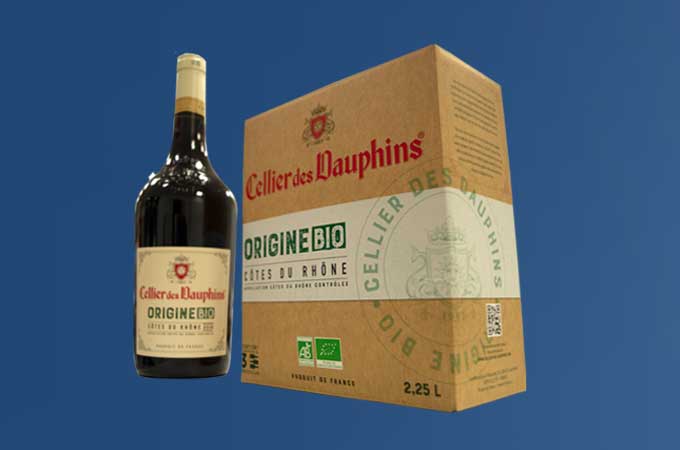 Vin bio d'origine français avec son emballage en carton ondulé recyclable