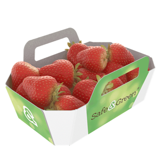 Barquette en carton octogonale avec poignées pour fruits et légumes comme les fraises
