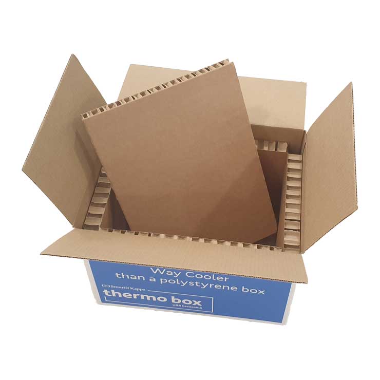 Caisse en carton avec des parois en carton nid d'abeille pour le maintien à température avec inpression extérieure