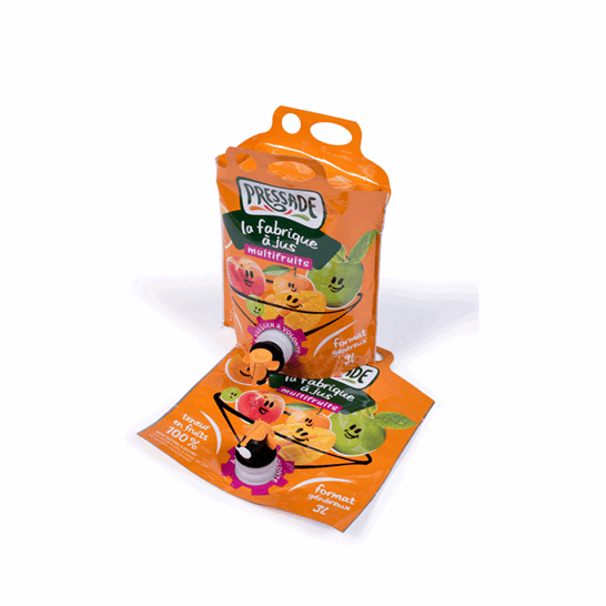 Emballage, Pouch-Up, 3 litres, double soufflet, jus multifruits, robinet, Vitop Original, aseptique, noir et orange