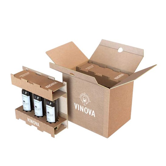 Karton wysyłkowy e-commerce z zabezpieczeniami, Wielopak na butelki, otwarty brązowy karton z butelkami