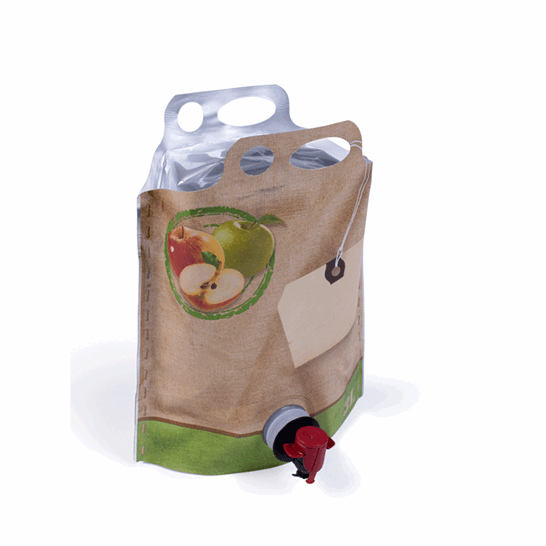 Embalagem, genérica, Pouch-Up, 3 litros, duplo fole, sumo de maçã, torneira, Vitop Original, com opérculo